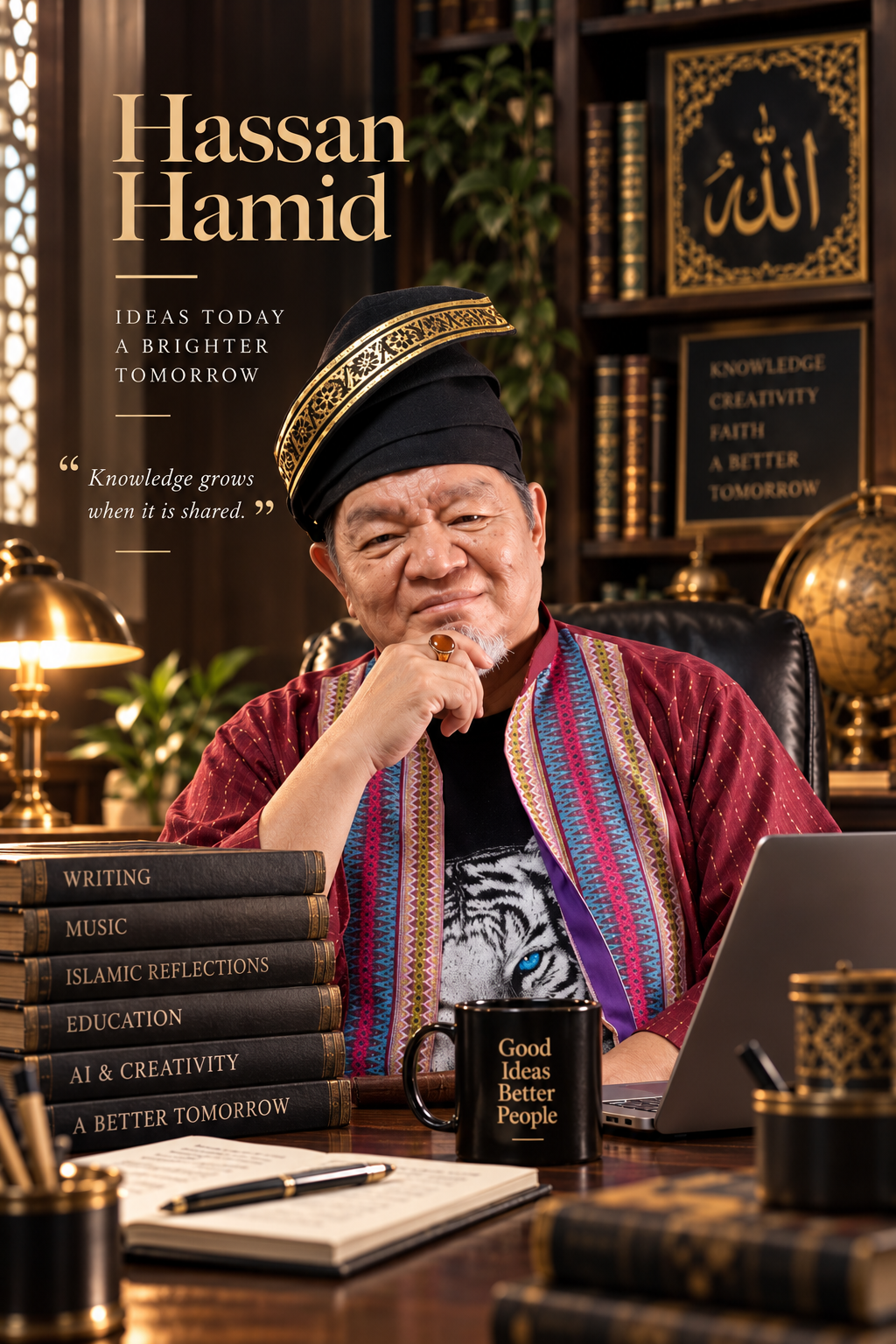 Hassan Hamid at a wooden desk in a classic study, with books, a desk lamp and Islamic calligraphy behind him