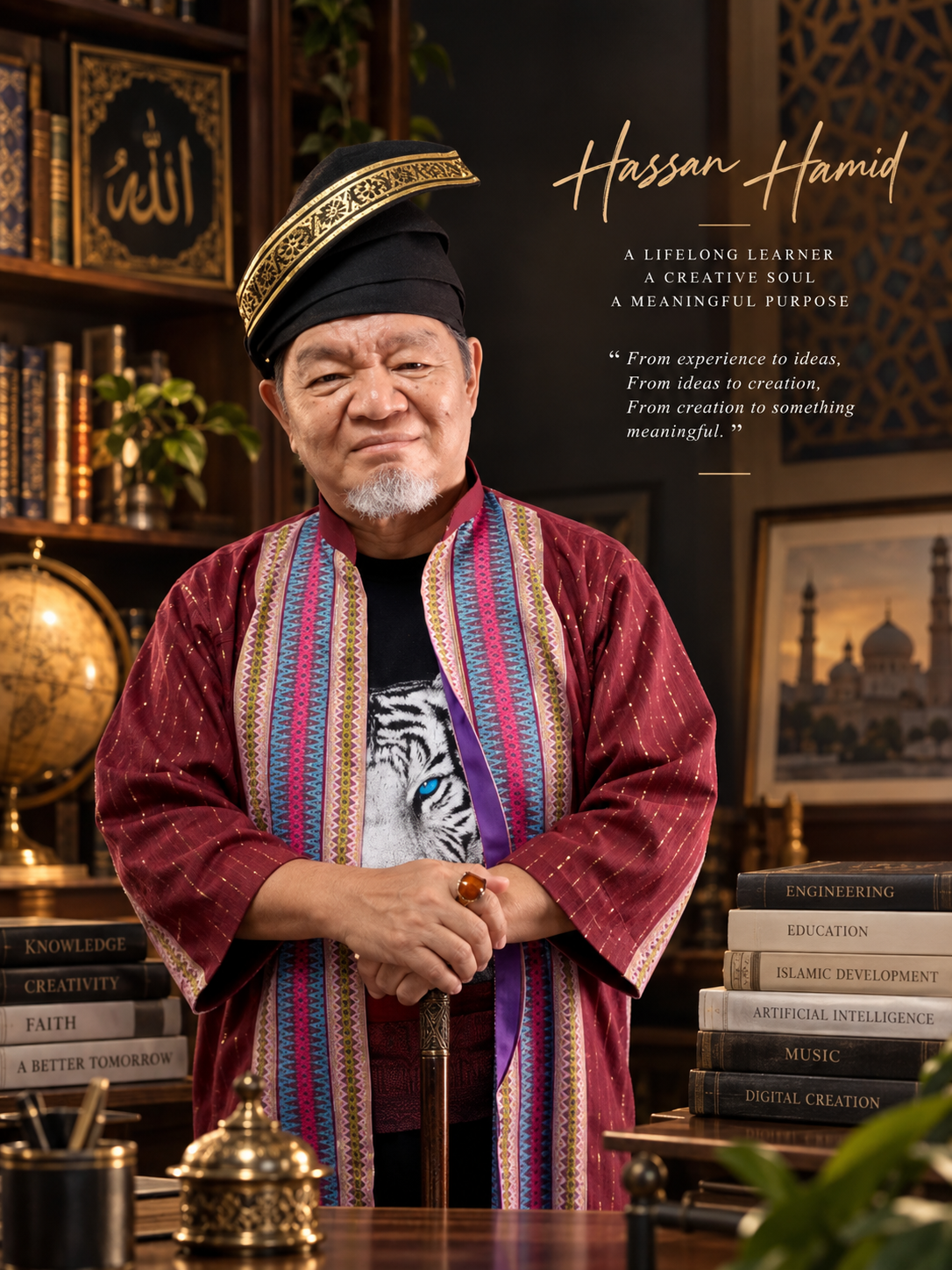 Hassan Hamid standing in a study with bookshelves and a globe, wearing a songkok and a batik-trimmed jacket